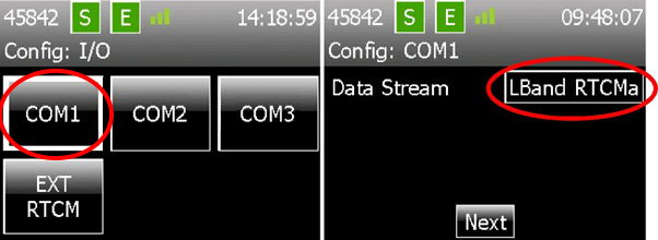 Select COM1 from the next menu, then on the Data Stream tab select LBand RTCMa then Next